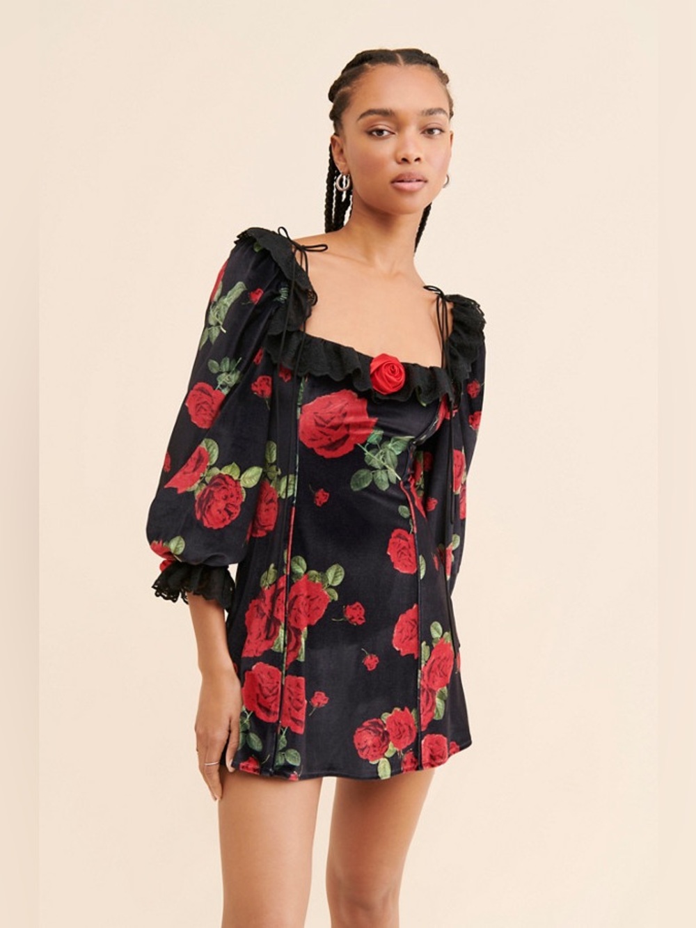 For Love & Lemons Yara Rose Printed Velvet Mini Dress